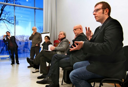 Second day of the symposium: Round table discussion with (from right to left) Edward Venn, Raivo Kelomees, Günter Berghaus, Galina Gubanova, Tiit Hennoste, Gerhard Lock. Photographer: Harri Rospu. 